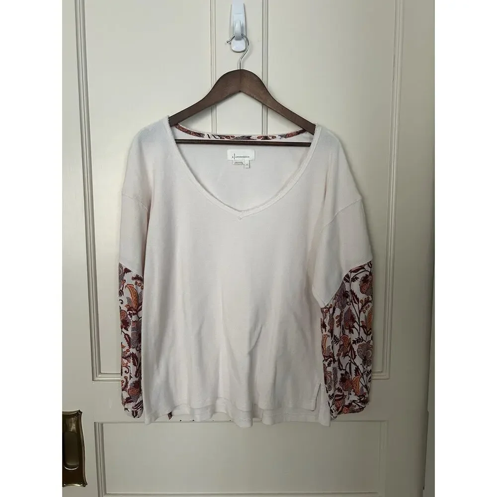 Anthropologie V-neck Mixed Fabric Thermal Shirt Womens Size Small White Preppy